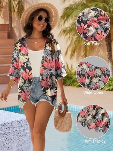 GKBK Women's Floral Print Puff 3/4 Sleeve Kimono Lightweight Cardigan Loose Cover Up Puff Short Sleeve Shawl Chiffon Casual Blouse Tops Black Coral M - Thumbnail 4