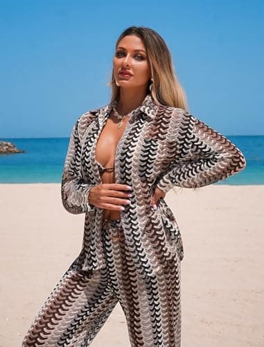 ZAFUL Womens Beach Cover Up Summer Lightweight Cardigans Crochet Boho Swimsuit Cover Up Long Sleeve Cardigans Beach Wear Brown L - Thumbnail 4