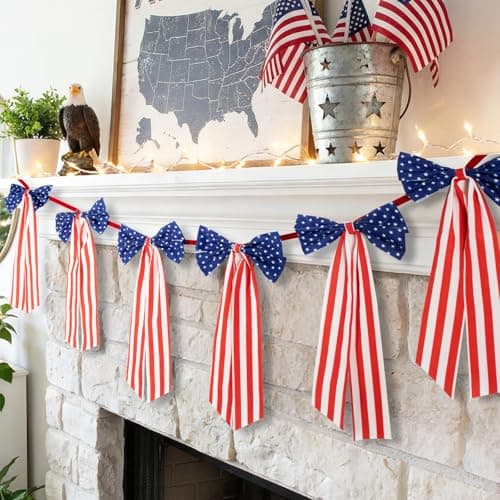 4th of July Decorations - 6.7 FT Patriotic Bow Garland Banner for 250th Anniversary, Independence Day Red White Blue Party Decorations for Home Yard Porch Indoor Outdoor Wall Decor - Image 1