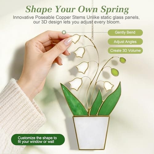 Real Stained Glass Lily of The Valley Suncatcher - Lifelike 3D Sculptural Floating Flowers Window Hanging, Tiffany-Style Premium Gold-Tone Finish, May Birth Flower & Plant Lover Gift for Grandma, Mom - Thumbnail 3
