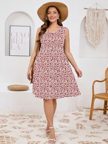 AusLook Plus Size Women Summer Dress Sleeveless V Neck Casual Cute Loose Sundress Maple Leaf 1X Comfy Swing Button Down Midi Work Flowy Tunic Ladies Beach Vacation Teacher Dresses with Pockets - Thumbnail 4