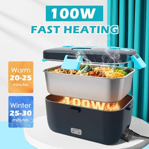 COZYEXPERT Electric-Lunch-Box-Heated-Food-Warmer 100W Heating Lunchbox for Adults 1.8L Portable Food Heater for Work/Car, 12V/24V/110-230V Lonchera Eléctrica Portátil with Fork Spoon (Gray+Blue) - Thumbnail 2