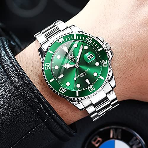OLEVS Wrist Watch for Men with Day Easy to Read Luminous Dial Stainless Steel Waterproof Dress Classic Mens Silver Watches Serrated Bezel Green Dial para Mujer - Thumbnail 2