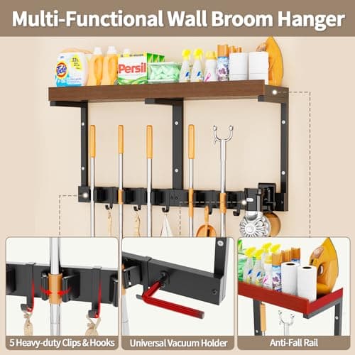 Broom Holder Wall Mount with Cleaning Supplies Organizer, Laundry Room Shelves with Mop Hanger Rack Gripper Hooks and Vacuum Organizer, Broom and Mop Organizer Wall Hanging for Home Garage Kitchen - Thumbnail 2