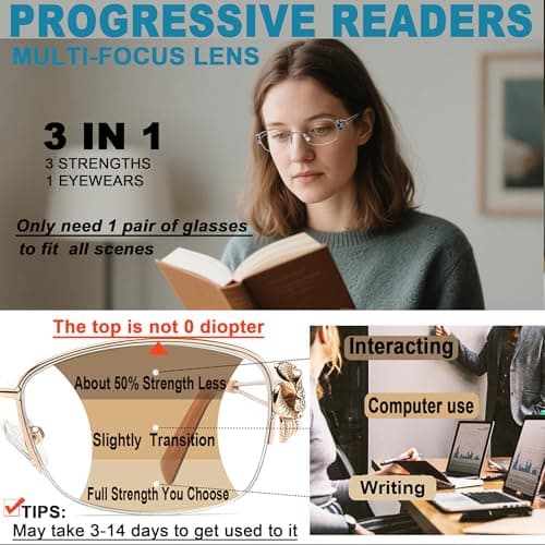 TOVEEN Photochromic Progressive Multifocal Reading Glasses for Women, Stylish Metal Half Frame Blue Light Blocking Sunglasses 1 Pack Gold +1.5 - Thumbnail 2