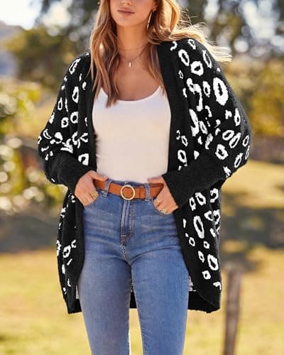 BTFBM Leopard Cardigan for Women Long Sleeve Open Front Cardigans Sweaters Pockets Loose Knit 2026 Fall Winter Outwear(Black, Large) - Thumbnail 4