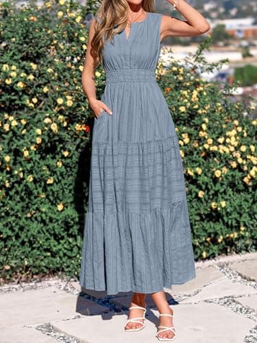 BTFBM Summer Dresses for Women 2026 Sleeveless Boho V Neck A Line Flowy Spring Casual Maxi Dress Beach Vacation Pockets(Blue Grey, XX-Large) - Thumbnail 4