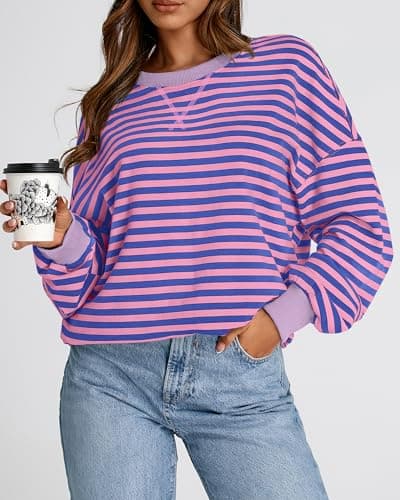 BTFBM Sweatshirt For Women 2026 Summer Crewneck Long Sleeve Oversized Striped Pullover Tops Y2K Clothes Workout Shirt(Blue Pink, X-Large) - Thumbnail 5