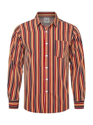 Hardaddy Men's Classic Color Contrast Striped Shirt Long Sleeve Casual Button Down Shirts Blouse Red 01 M - Image 1