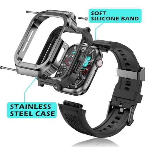 Deczone Band with Stainless Steel Case Compatible with Apple Watch Series 9 8 7 45mm Band, iwatch Bands Rugged Metal Protective Cover for Men (Grey) - Thumbnail 4