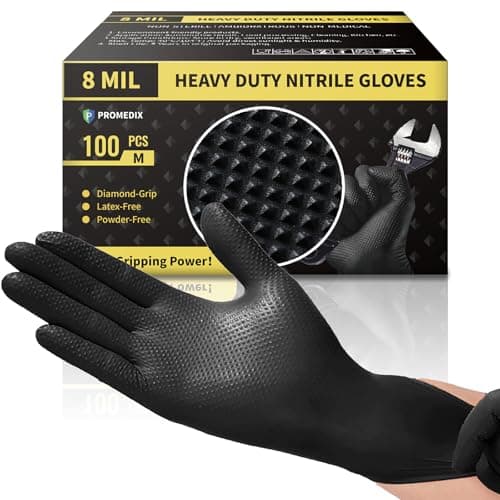 PROMEDIX P Heavy Duty Nitrile Gloves with Diamond Texture 8 Mil Non-Medical Disposable Glove Latex Free Powder Free Industrial -Black,M - Image 1