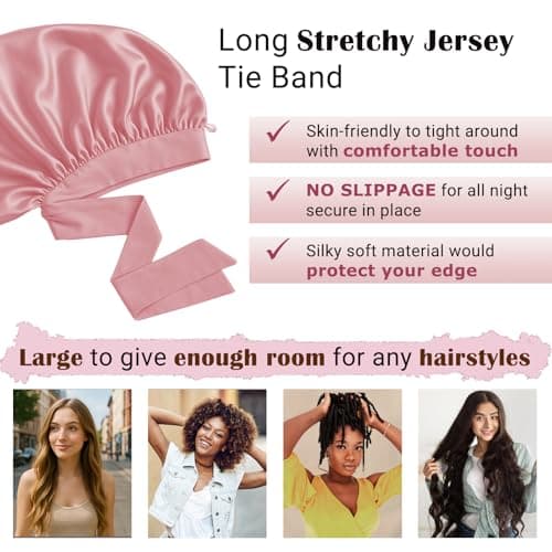 Women's Silky Bonnet - Long Tie Sleep Cap, Curly/Natural Hair, Adj. Night Hat, +10 Scrunchies, Mom/Wife - Thumbnail 3