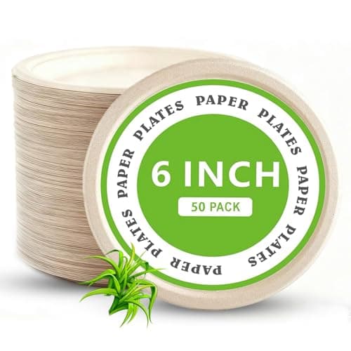 Yarmchahk Disposable Paper Plates, 6 inch Heavy Duty Paper Plate, Soak and Cut Proof, Natural Biodegradable Bagasse Plates for Microwave, Dinner, Party, Picnic,50 Pack - Image 1