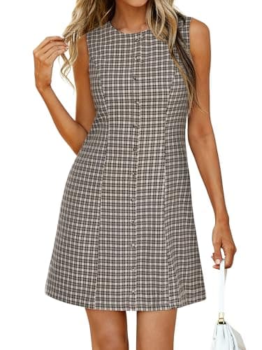 BTFBM Summer Dresses for Women 2026 Plaid Sleeveless Zip Up A Line Mini Dress Business Casual Vacation Gingham Sundress(Black Grey, XX-Large) - Image 1