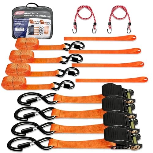 Heavy Duty 1" x 15' Ratchet Straps (4 Pack) - 2200 lb Break Strength with Soft Loops & Coated S-Hooks for Truck, Trailer, Motorcycle, ATV, UTV, Boat, Car Accessories (Orange)