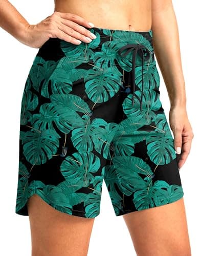 G Gradual Women's 7" High Waisted Swim Board Shorts with Pockets Quick Dry Beach Swimming Shorts for Women with Liner(Leaf,S) - Image 1