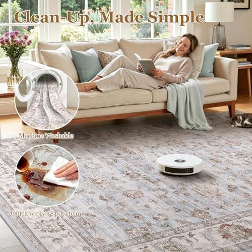 WITSHOCK 8x10 Area Rugs Living Room: Washable Large Neutral Vintage Soft Rug Stain Resistant Non-Slip Farmhouse Indoor Low Pile Floor Carpet for Bedroom Nursery Office(Blue Gray) - Thumbnail 6