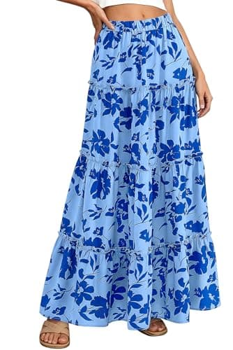 BTFBM Floral Maxi Skirts for Women Summer Spring 2026 Elastic Waist Tiered Flowy Beach Vacation Boho Midi Long Skirt(Floral Blue, X-Large) - Image 1