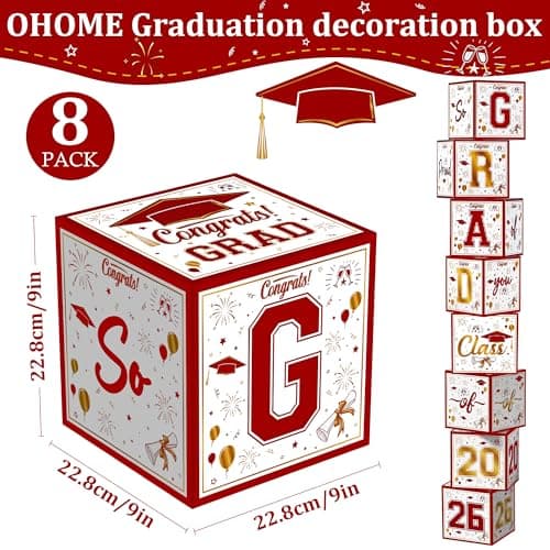 OHOME 8 Pack Graduation Decorations 2026 - Graduation Party Decorations 2026 - Balloon Boxes for Class of 2026 Party Favors Supplies - Yard Signs Banner Backdrop Decor (Red) - Thumbnail 2