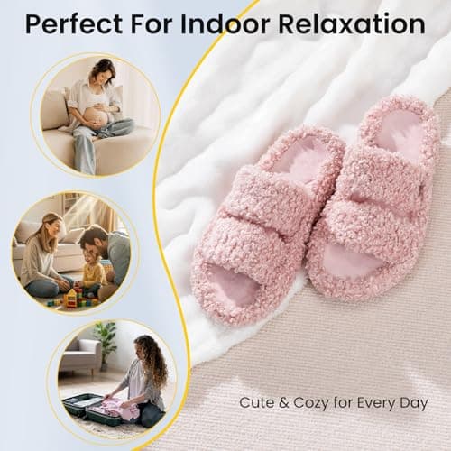 BOVTY Women's Fuzzy Open-toe Bowknot & Double-Strap Slippers, Memory Foam Non-Slip Indoor House Slides - Thumbnail 6