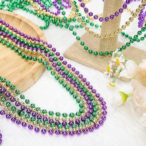 SWANUCKY 90 Pack 33" Gold Purple Green Mardi Gras Plastic Beaded Necklaces - Bulk Party Favors for Parade Throws, Costume Accessories, Summer Festivals & Daily Decor - Thumbnail 2
