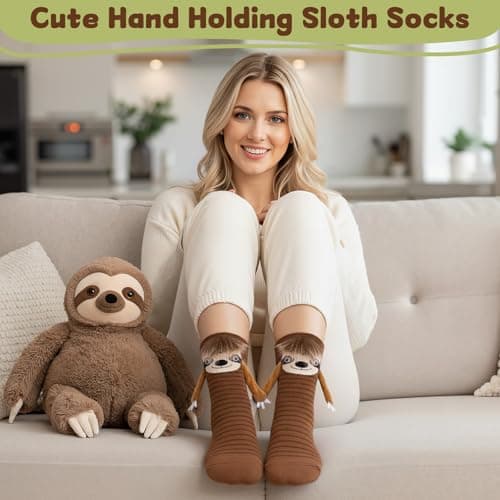 FunisFun Sloth Socks with Magnetic Holding Hands Funny Animal Crazy Socks for Women Ideal Sloth Gifts for Girls Birthday (US, Alpha, One Size, Regular, Regular, Brown) - Thumbnail 5