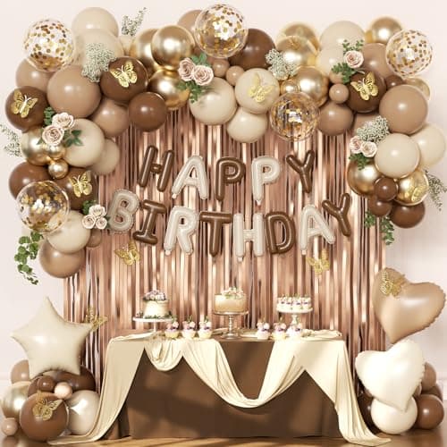 Brown Birthday Decorations, Brown Tan Beige Gold Foil Confetti Balloons Happy Birthday Banner Gold Butterfly Fringe Curtains Birthday Decorations for Women Girls - Image 1