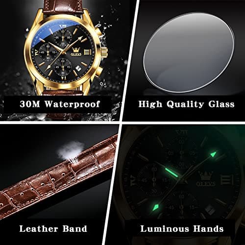 OLEVS Mens Watches Brown Leather Strap Black Face Chronograph Wrist Luxury Casual Watches for Men Waterproof Luminous Analog Quartz Nice Men Watch Relojes para Hombres - Thumbnail 6