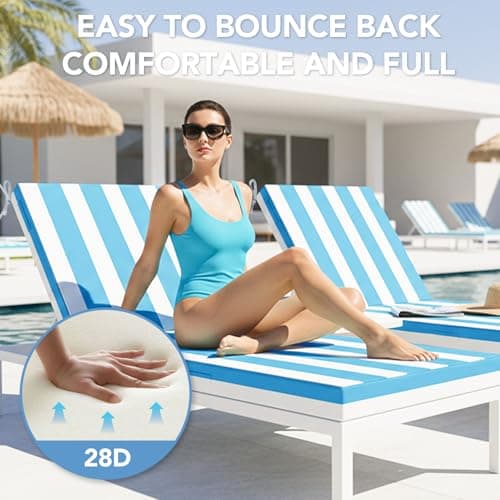 L'AGRATY Outdoor Lounge Chaise Cushion: 72x21x3 Inch Waterproof Lounge Chair Cushion for Outdoor Furniture with Fade Resistant Removable Cover - Patio Cushions for Pool Lawn Deck(Blue White 2Pcs) - Thumbnail 3