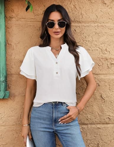 LOOKBOHO Womens Tops Dressy Casual Business Work Blouses Ruffled Short Sleeve Shirts V-Neck Button Placket Tops White S - Thumbnail 2
