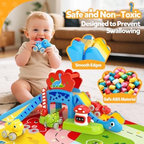 Toddler Toys for 1 2 Year Old Boy Gifts - Educational Dinosaur Slide Set with 4 Color/Number Push Cars and Playmat, Montessori Learning Toy for Baby 12-18 Months, 1st Birthday Present Ages 1-2, Red - Thumbnail 3