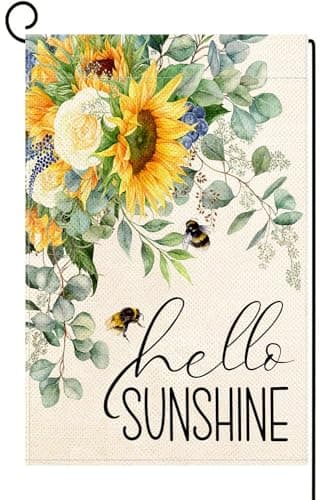 Baccessor Hello Sunshine Spring Garden Flag Sunflower Bee Eucalyptus Leaves Yard Flag 12.5 X 18 Inch Double Sided Burlap Small Spring Summer Flag for Outside Decor - Image 1