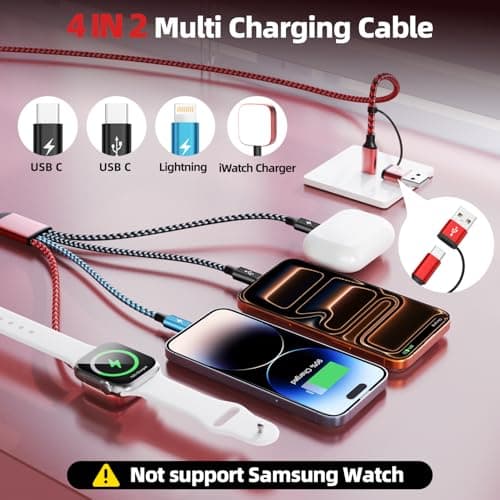 Dual Type-C Port 4in2 USB C Cable for iPhone Watch Charger/iPhone 17 Charger/Lightning,Multi Charging Cable Cord for iWatch Charger,Charger for Multiple Devices Compatible with iWatch&iPhone 16-12 5FT - Thumbnail 3