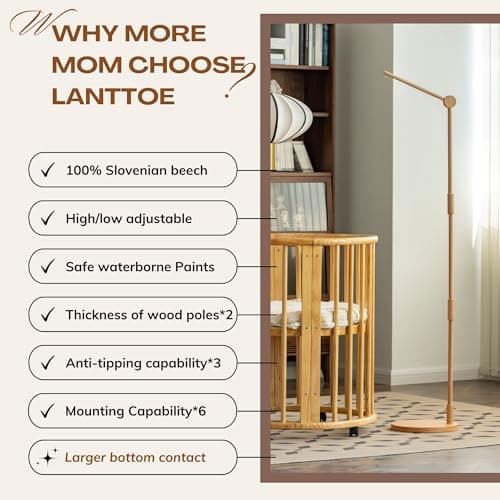 Lanttoe Wooden Floor-Standing Crib Mobile Arm Pro 61 Inches for Baby Nursery-Movable Baby Mobile Hanger with Strong Anti-Dumping Attachment-100% Natural Beech Wood-Thicker Wooden Pole-UpgradeThickened - Thumbnail 2