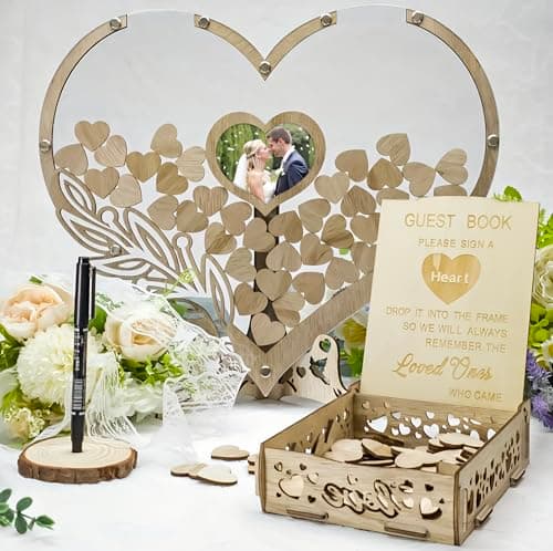 Wedding Guest Book Alternative, Rustic Heart Shaped Wooden Guest Book with 100 Wooden Hearts Tree for Wedding Party Birthday, Personalized Wedding Decor with Guest Sign-In Box & Heart Frame for Photo - Image 1