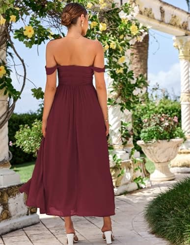 GRACE KARIN Summer Wine Red Dress for Women 2026,Off The Shoulder Smocked Bridesmaid Dresses,Formal Baby Shower Maxi Dresses S - Thumbnail 5