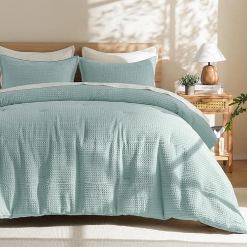 PHF Soft Waffle Comforter Set King Size- Comfy Breathable Waffle Weave Comforter with 2 Pillow Shams, 3 Pieces Less Snagging Lightweight Textured Bedding Set for All Season, Aqua - Image 1