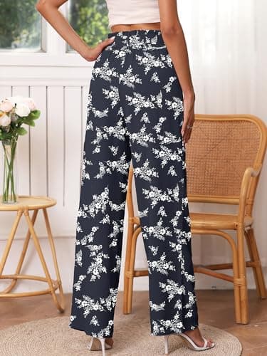 Heymoments Women's Wide Leg Pants with Pockets Lightweight White Flower Navy XX-Large High Waisted Tie Knot Paperbag Dressy Palazzo Loose Paper Bag Comfy Business Casual Work Flowy Trousers - Thumbnail 3