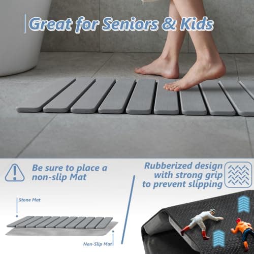 AWW Foldable Stone Bath Mat, Quick Dry Diatomaceous Earth Bath Mat with Non-Slip Mat, Super Absorbent, Easy to Clean, Compact for Small Bathrooms, 23.6 x 15.5, Grey - Thumbnail 3