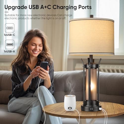 QiMH Farmhouse Table Lamps for Living Room, Beside Lamps for Bedroom with USB A+C Charging Ports, Rustic Nightstand Lamp Set of 2 with Frosted Glass Night Light, 4 Bulbs Included (Black) - Thumbnail 3