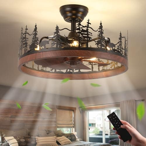 Merexcint Farmhouse Rustic Ceiling Fan with Light and Remote, 21 Inch Flush Mount Vintage Bladeless Rustic Chandeliers Fan, Rustic Ceiling Fan for Living Room, Bedroom, Hallway, Entryway Lighting