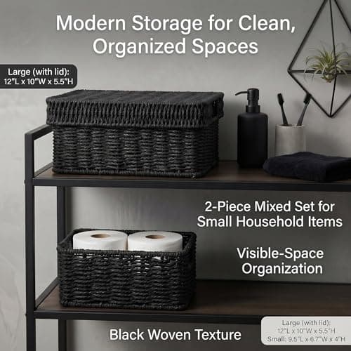 GANLUX Wicker Storage Basket with Lid - Woven Basket for Storage,Rectangular Decorative Boxes Bins with Lids for Shelves,living room, Nursery, 2 baskets+1 lid(Black) - Thumbnail 3