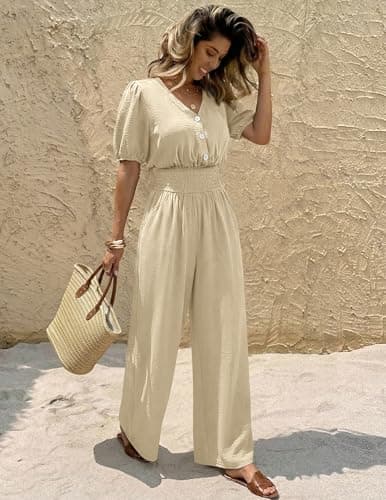 LOOKBOHO Womens Jumpsuits Short Sleeve V Neck Dressy Casual Wide Leg Pants Romper 2026 Summer One Piece Outfits - Thumbnail 4