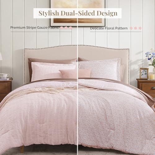 BLOOMHAVEN King Comforter Set - 7 Pieces Pink Bedding Sets for All Seasons, Lightweight Breathable Bed in a Bag King with Revesible Farmhouse Comforter, Sheets, Pillowcases & Shams - Thumbnail 2