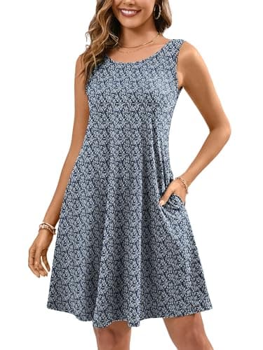 KORSIS Summer Dresses for Women Casual T Shirt Tank Floral Dresses Sleeveless Swing Flowy Ladies Beach Vacation Sundress with Pockets M - Image 1