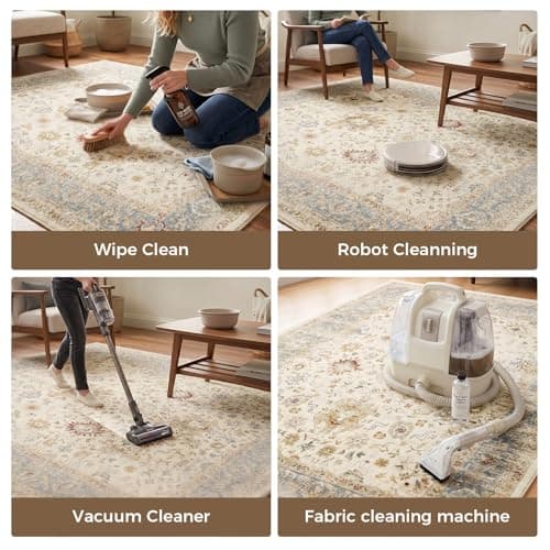 6x9 Feet Washable Vintage Bohemian Floral Area Rug - Non-Slip Foldable Floor Mat for Living Room, Bedroom, Dining Room, Kids Room, Office, Farmhouse Decor Carpet Christmas Rugs (Beige and Blue) - Thumbnail 5