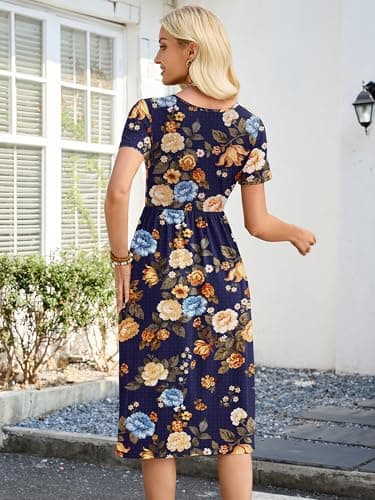 Heymoments Midi Dress for Women Floral Print X-Large Wedding Guest A line Crewneck Short Sleeves Casual Flowy Swing Cocktail Slimming Birthday Party Summer Travel Long Midi Dresses - Thumbnail 4