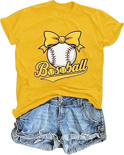 Baseball Shirts for Women Cute Bow Graphic T-Shirt Softball Mom Tee Funny Baseball Fan Short Sleeve Top Yellow - Image 1