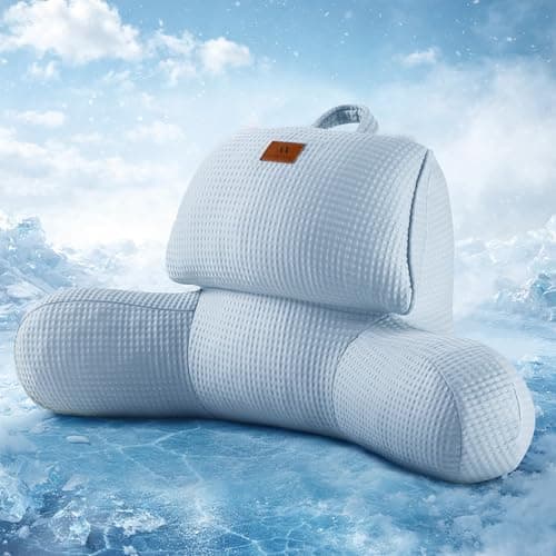 Amélie Home Premium Cooling Waffle Reading Pillow, Qmax>0.37 Ergonomic Backrest Support with Pocket & Handle, Breathable Lounging Pillow for Bed Sofa Floor Summer, 17 Inches, Sky Blue - Image 1