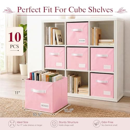 Stowsia Storage Cubes 10 Pack, 11 Inch Fabric Storage Bins Organizer with Labels, Odor-Free & Sturdy PP Structure, Collapsible Cubby Baskets for Closet, Shelves, Toys & Nursery (Pink) - Thumbnail 2